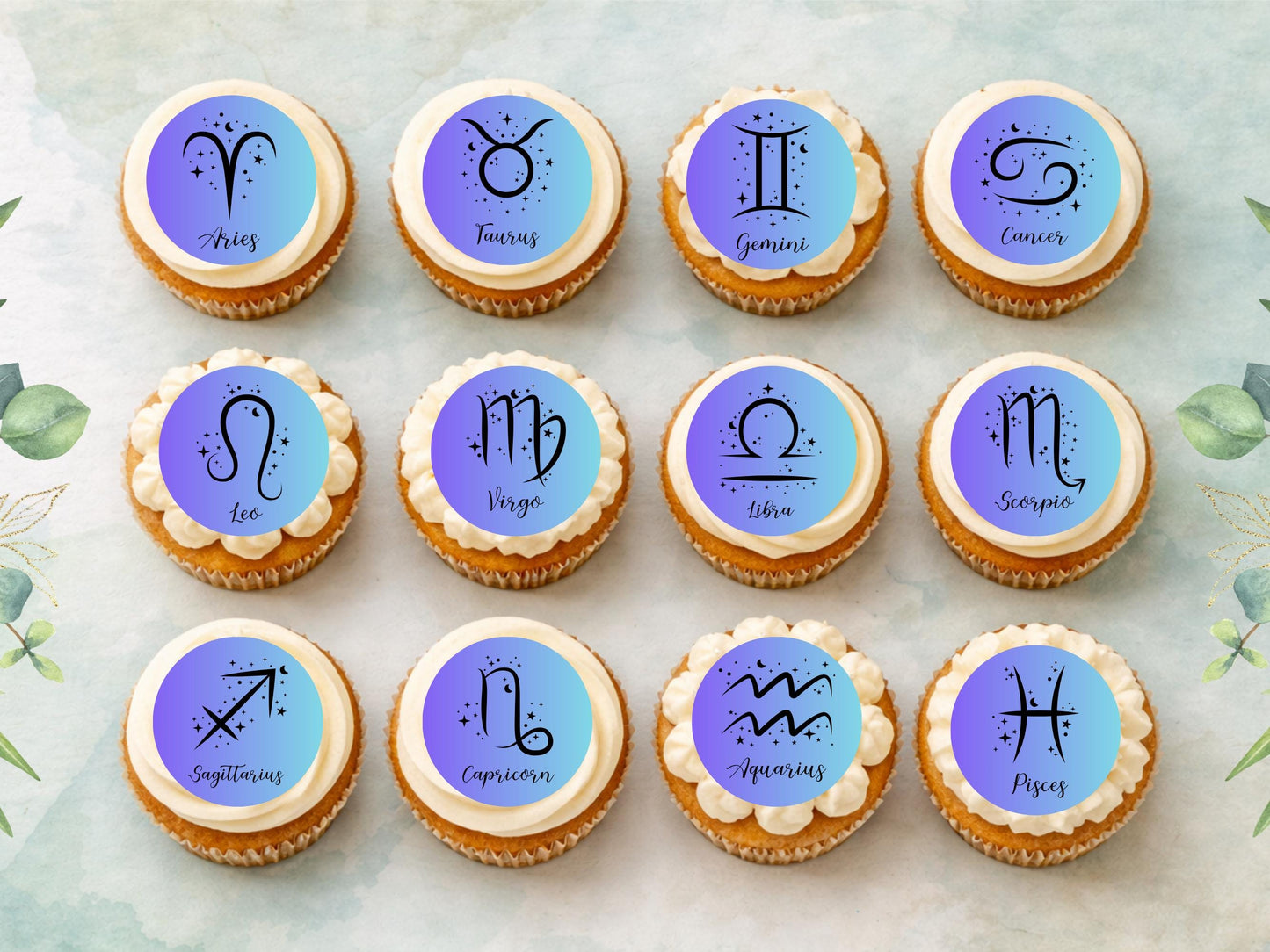 Star Sign Edible Cupcake Toppers 12 x 2"– Pre cut Wafer Paper, Card or Icing Sheet, Signs of the Zodiac Birthday Cake Topper