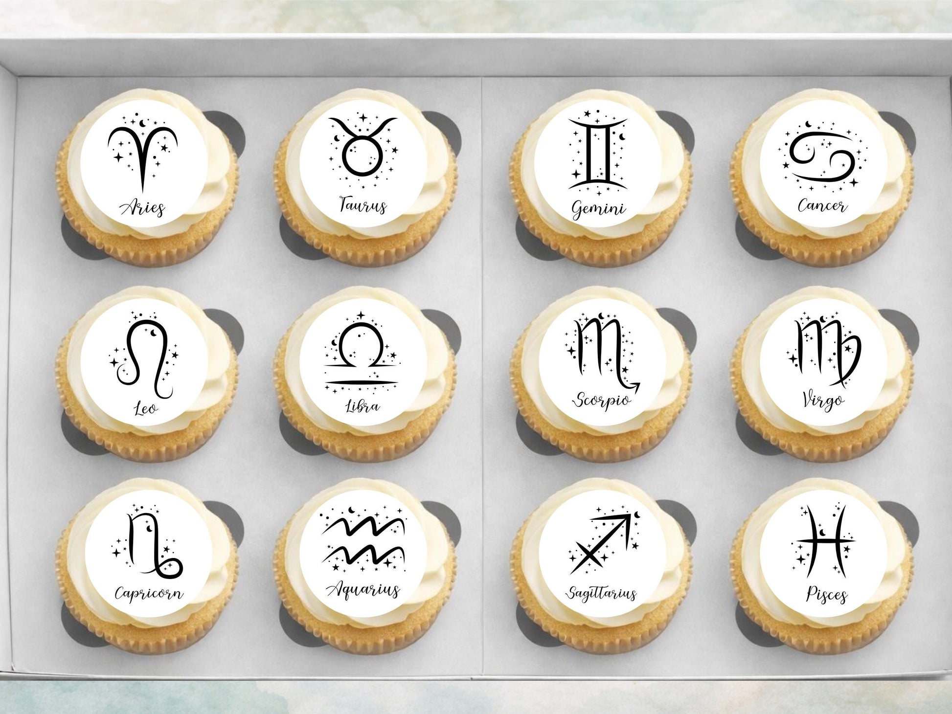 Star Sign Edible Cupcake Toppers 12 x 2"– Pre cut Wafer Paper, Card or Icing Sheet, Signs of the Zodiac Birthday Cake Topper