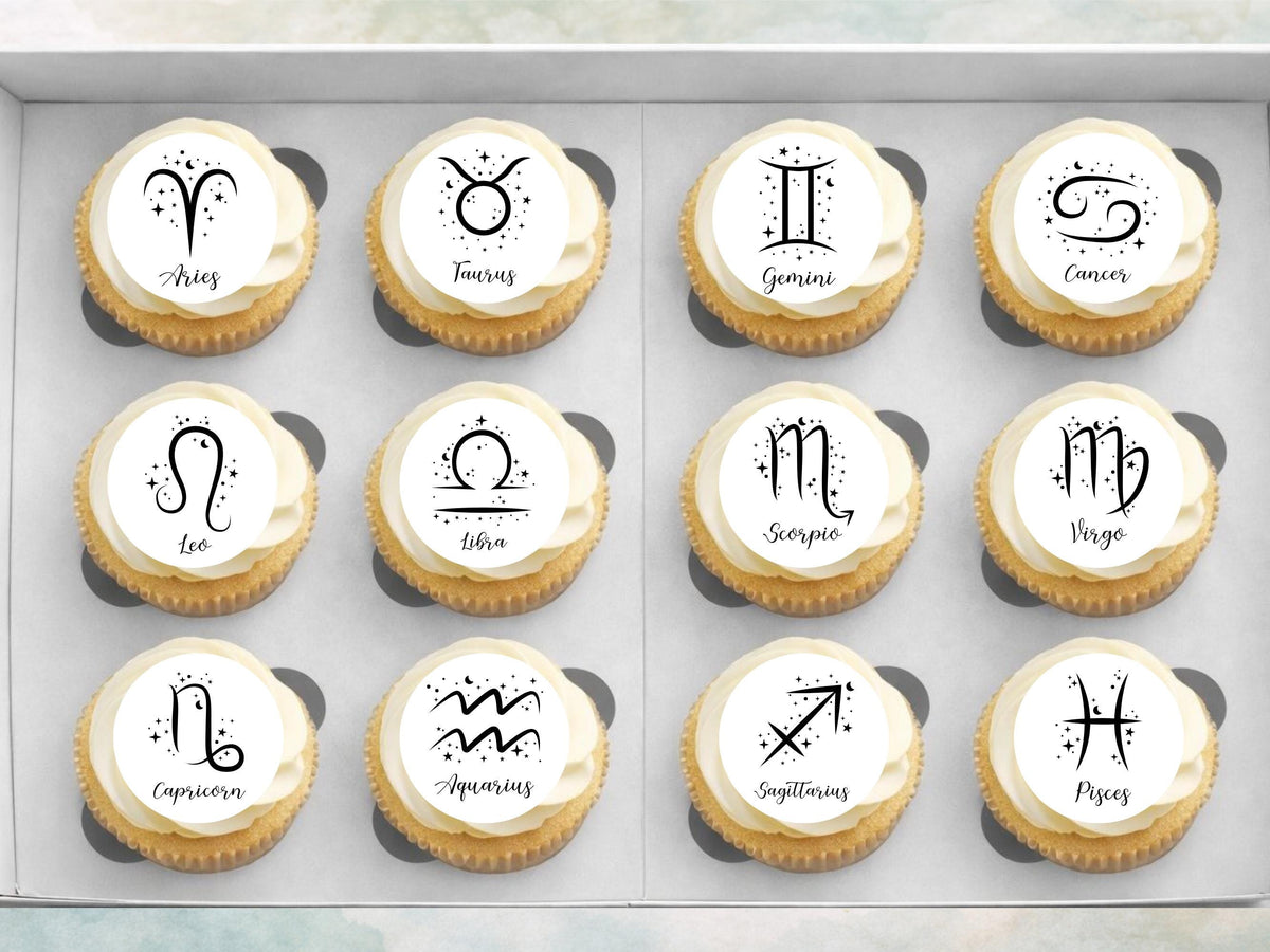 Star Sign Edible Cupcake Toppers, Signs of the Zodiac Birthday Cake Decorations