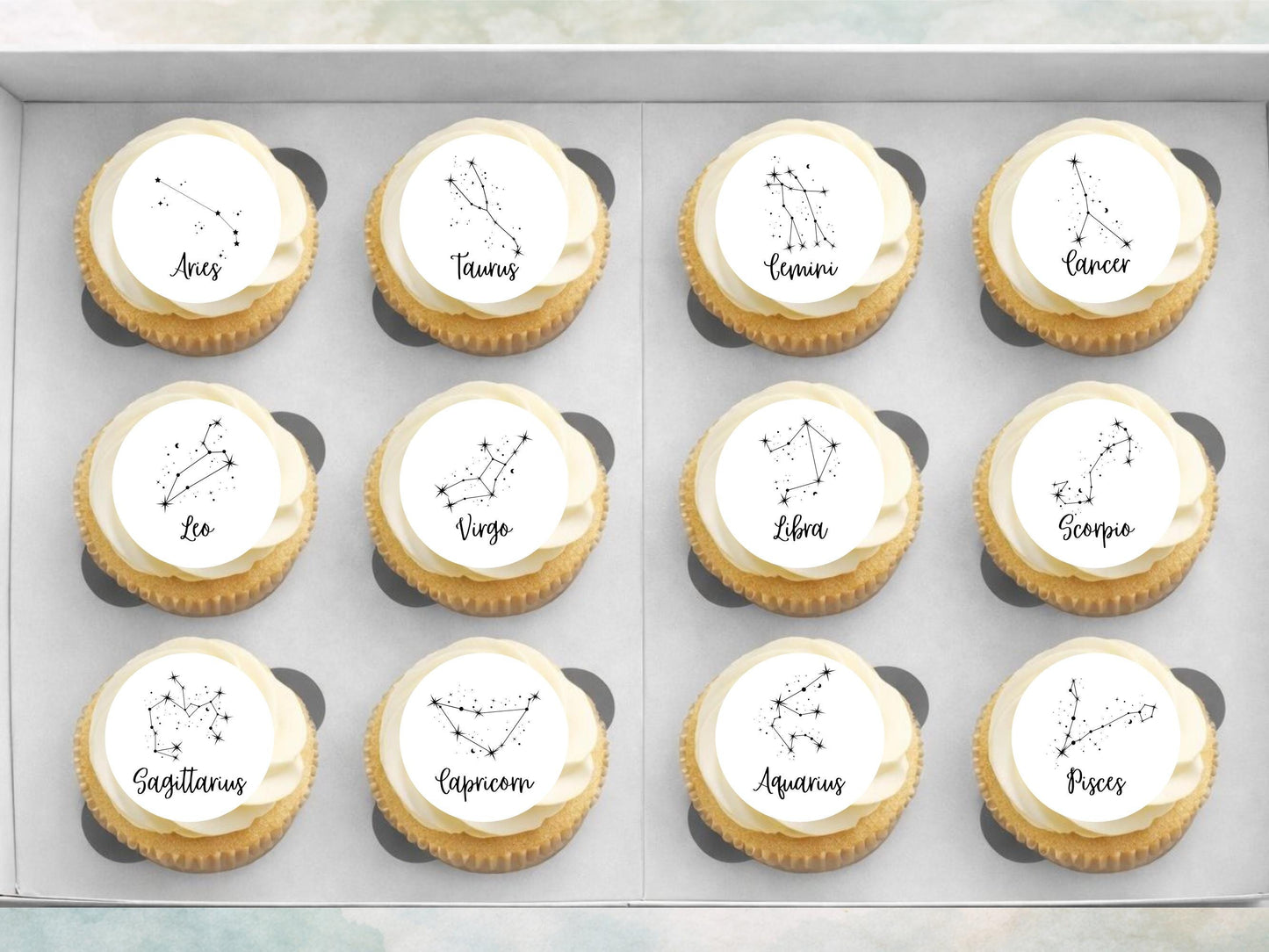 Zodiac Edible Cupcake Toppers 12 x 2" Precut Wafer Paper, Card or Icing Sheet