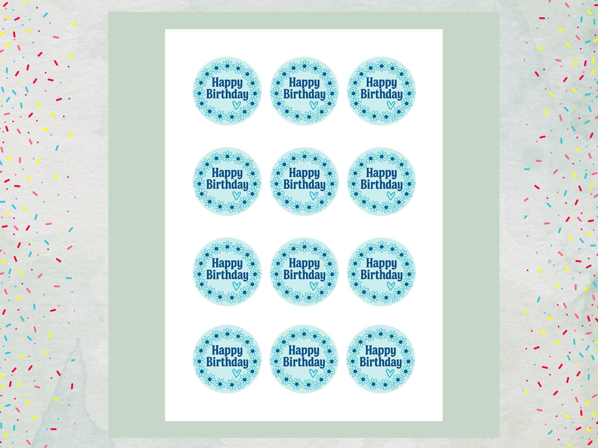 Happy Birthday Edible Cupcake Toppers – Blue Floral Cake Decorations