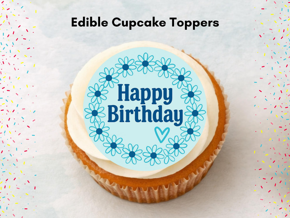 Happy Birthday Edible Cupcake Toppers – Blue Floral Cake Decorations