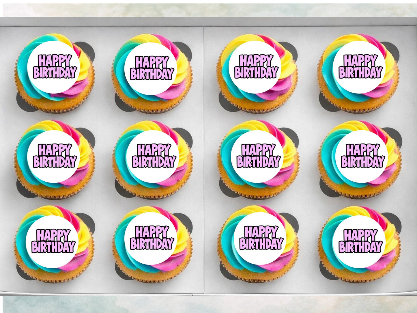 Pink Happy Birthday Edible Cupcake Toppers – 2" Pre-Cut (Wafer, Card, Icing)