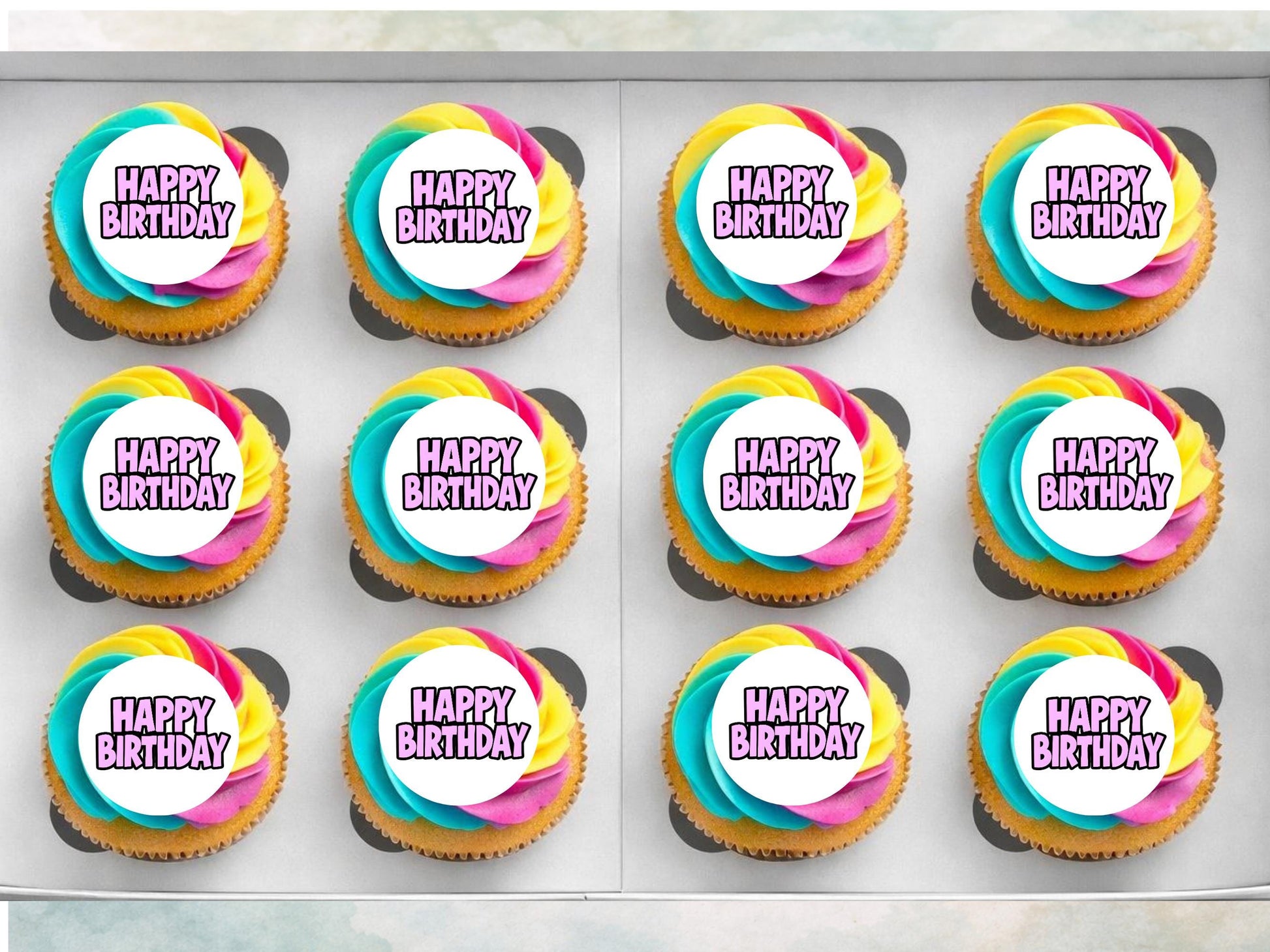 Pink Happy Birthday Edible Cupcake Toppers – 2" Pre-Cut (Wafer, Card, Icing)