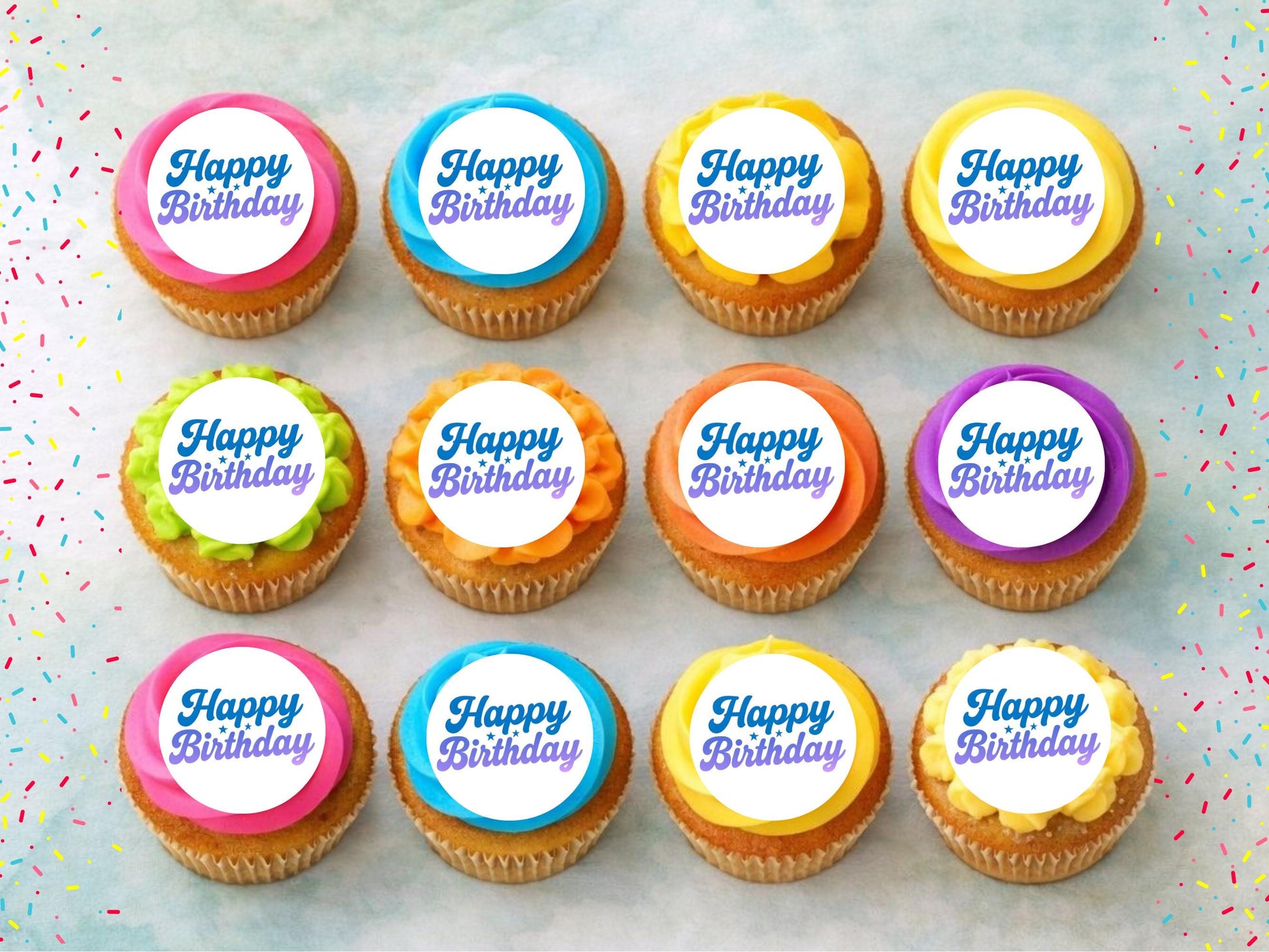 Happy Birthday Edible Cupcake Toppers – 2" Pre-cut