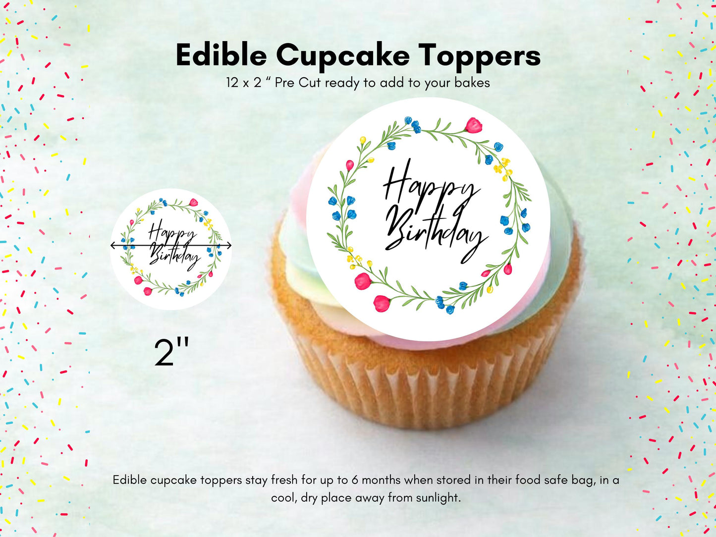 Floral Birthday Edible Cupcake Toppers – Pre-Cut Wafer Paper