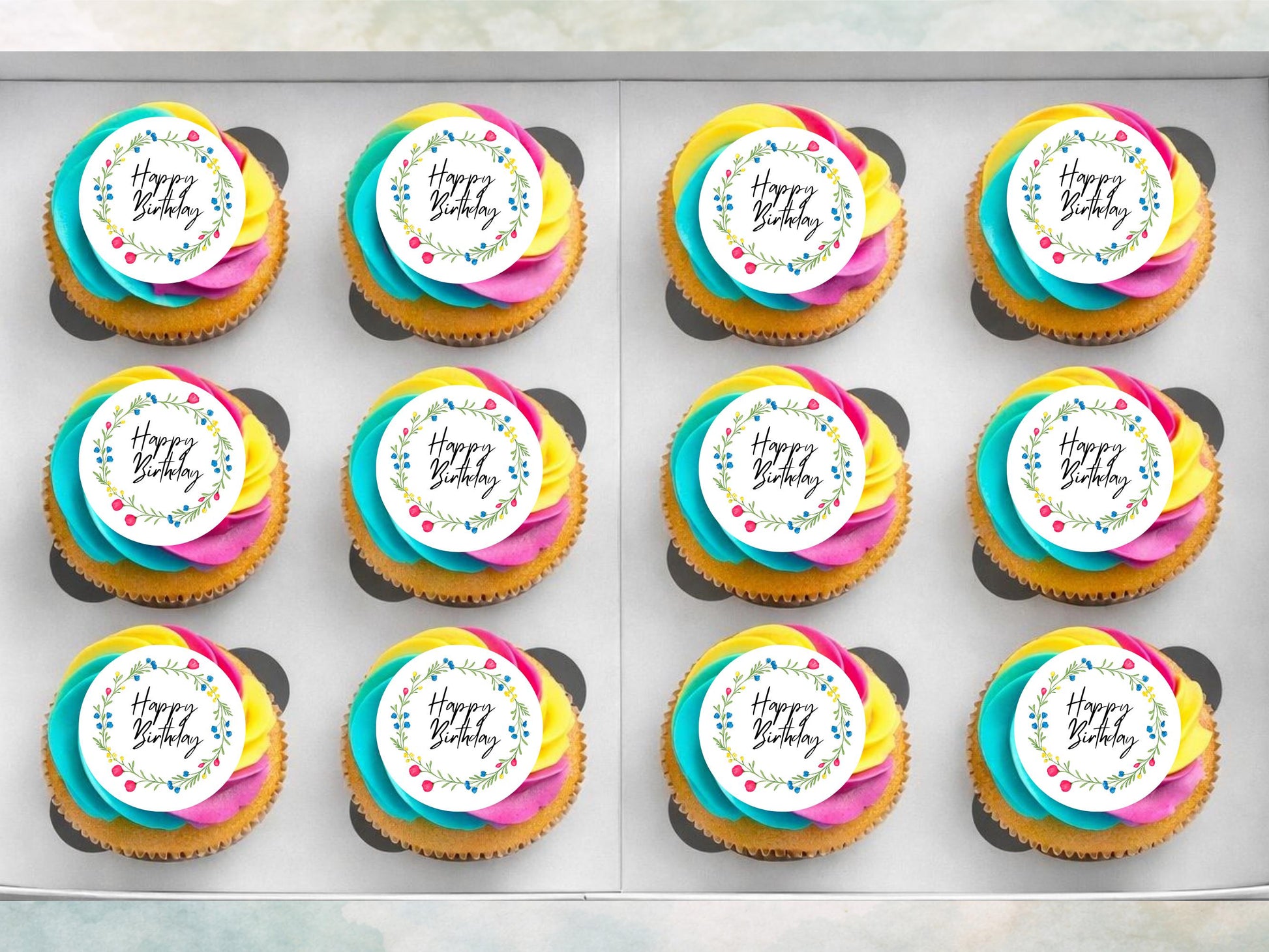 Floral Birthday Edible Cupcake Toppers – Pre-Cut Wafer Paper