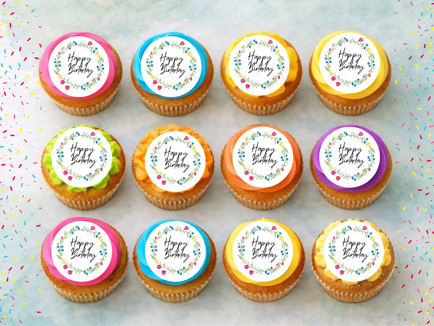 Floral Birthday Edible Cupcake Toppers – Pre-Cut Wafer Paper