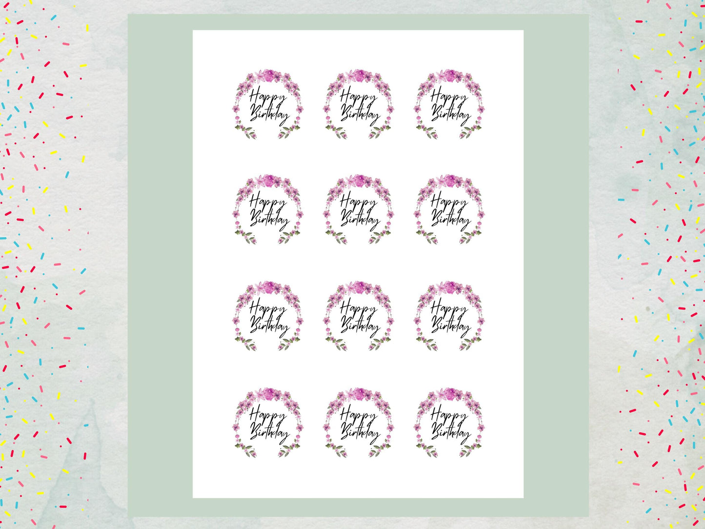 Happy Birthday Edible Cupcake Toppers 12 x 2"– Pre cut Wafer Paper, Card or Icing Sheet, Floral Birthday Cake Toppers