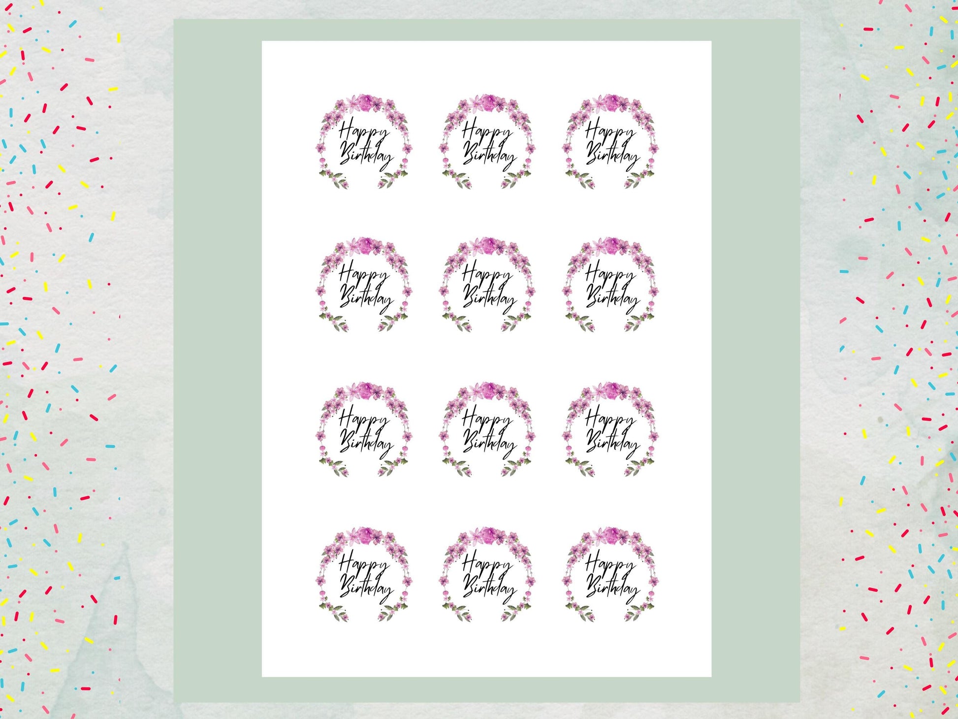 Happy Birthday Edible Cupcake Toppers 12 x 2"– Pre cut Wafer Paper, Card or Icing Sheet, Floral Birthday Cake Toppers