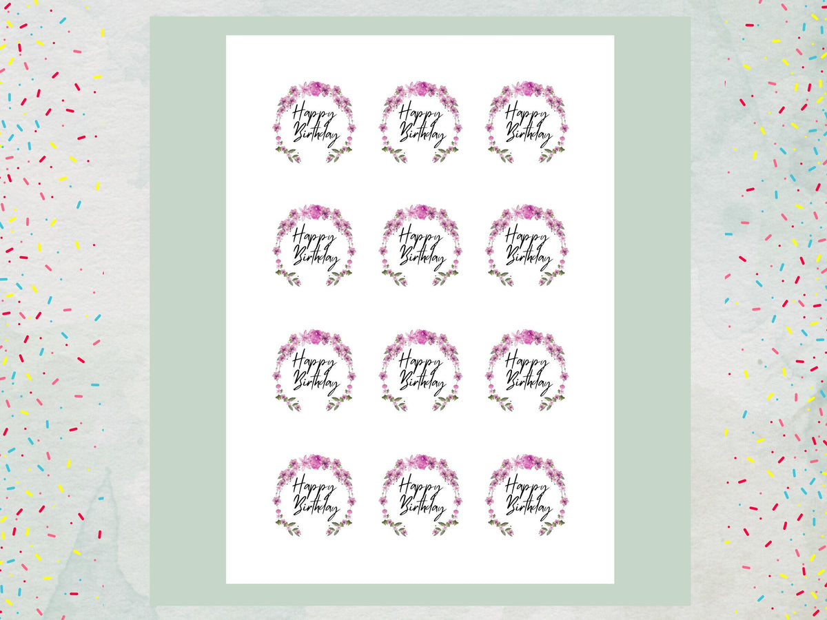Happy Birthday Edible Cupcake Toppers, Floral Cake Decorations
