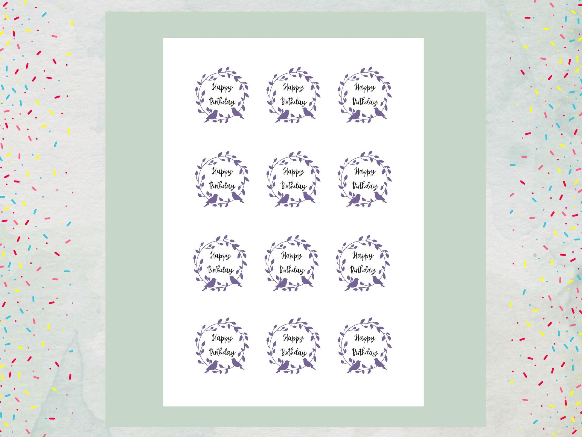 Floral Happy Birthday Edible Cupcake Toppers – Pre-Cut 2" (Wafer Paper, Card, Icing Sheet)