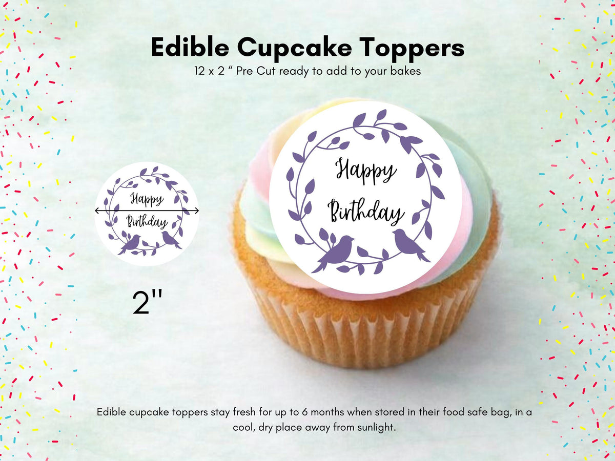Floral Happy Birthday Edible Cupcake Toppers – Pre-Cut 2" (Wafer Paper, Card, Icing Sheet)