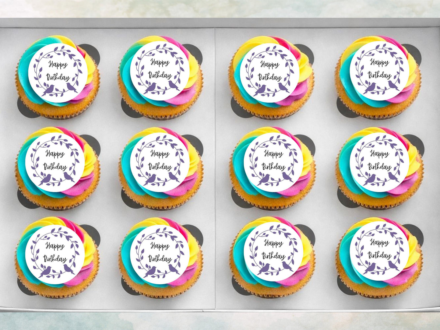 Floral Happy Birthday Edible Cupcake Toppers – Pre-Cut 2" (Wafer Paper, Card, Icing Sheet)