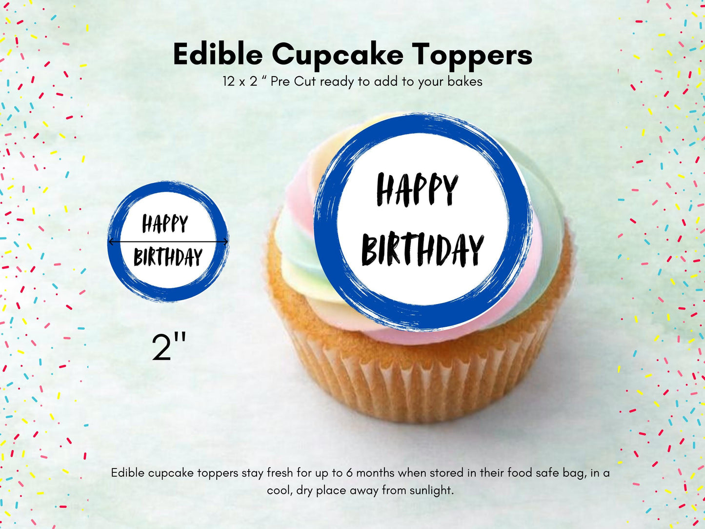 Blue Circle Happy Birthday Edible Cupcake Toppers – Pre-Cut 2"