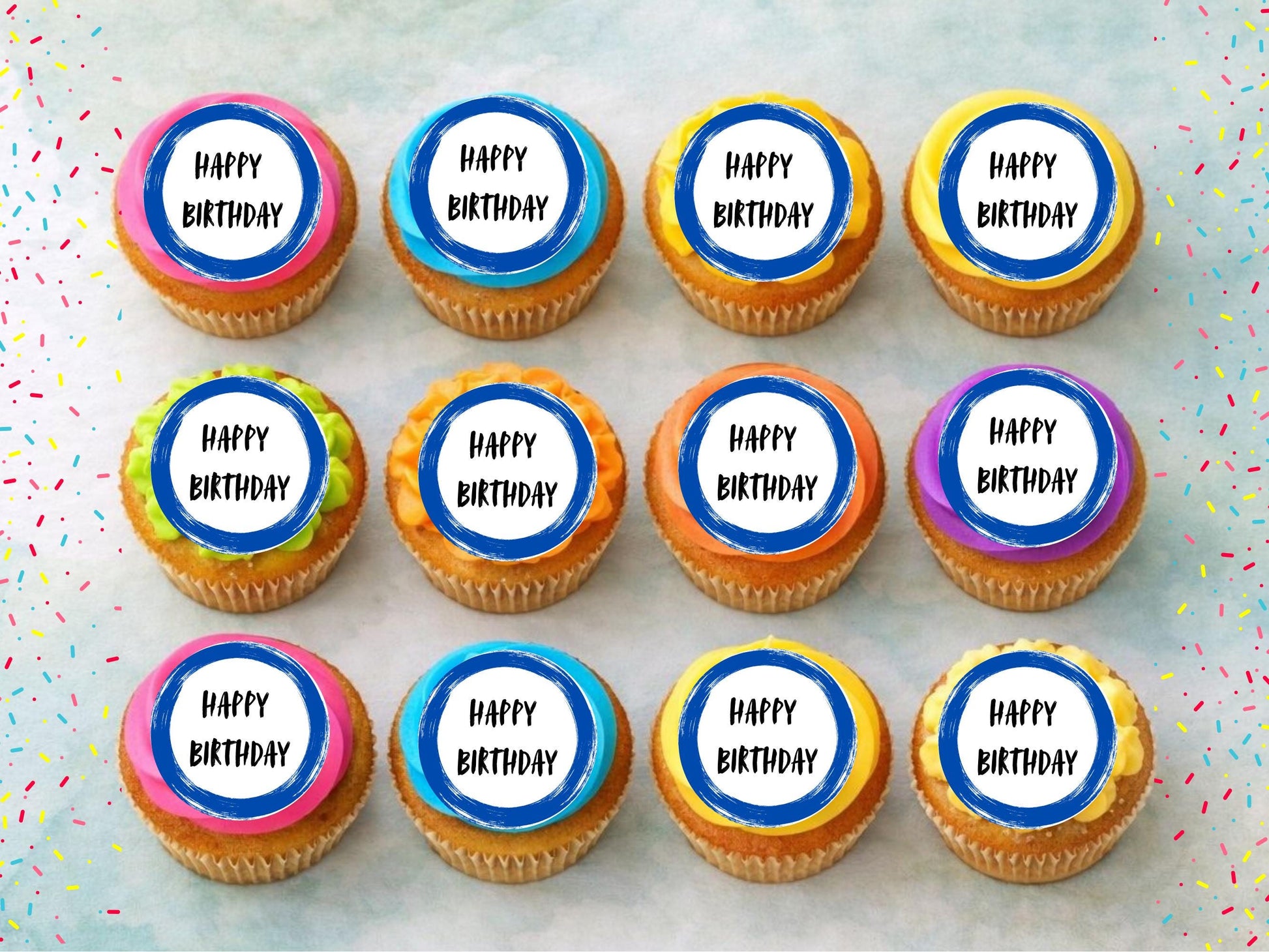 Blue Circle Happy Birthday Edible Cupcake Toppers – Pre-Cut 2"
