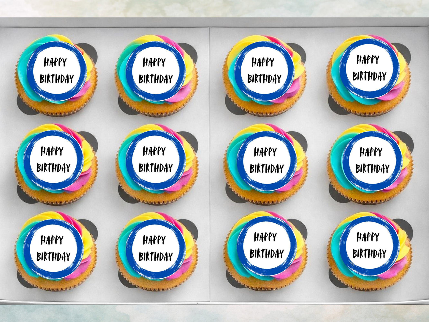 Blue Circle Happy Birthday Edible Cupcake Toppers – Pre-Cut 2"