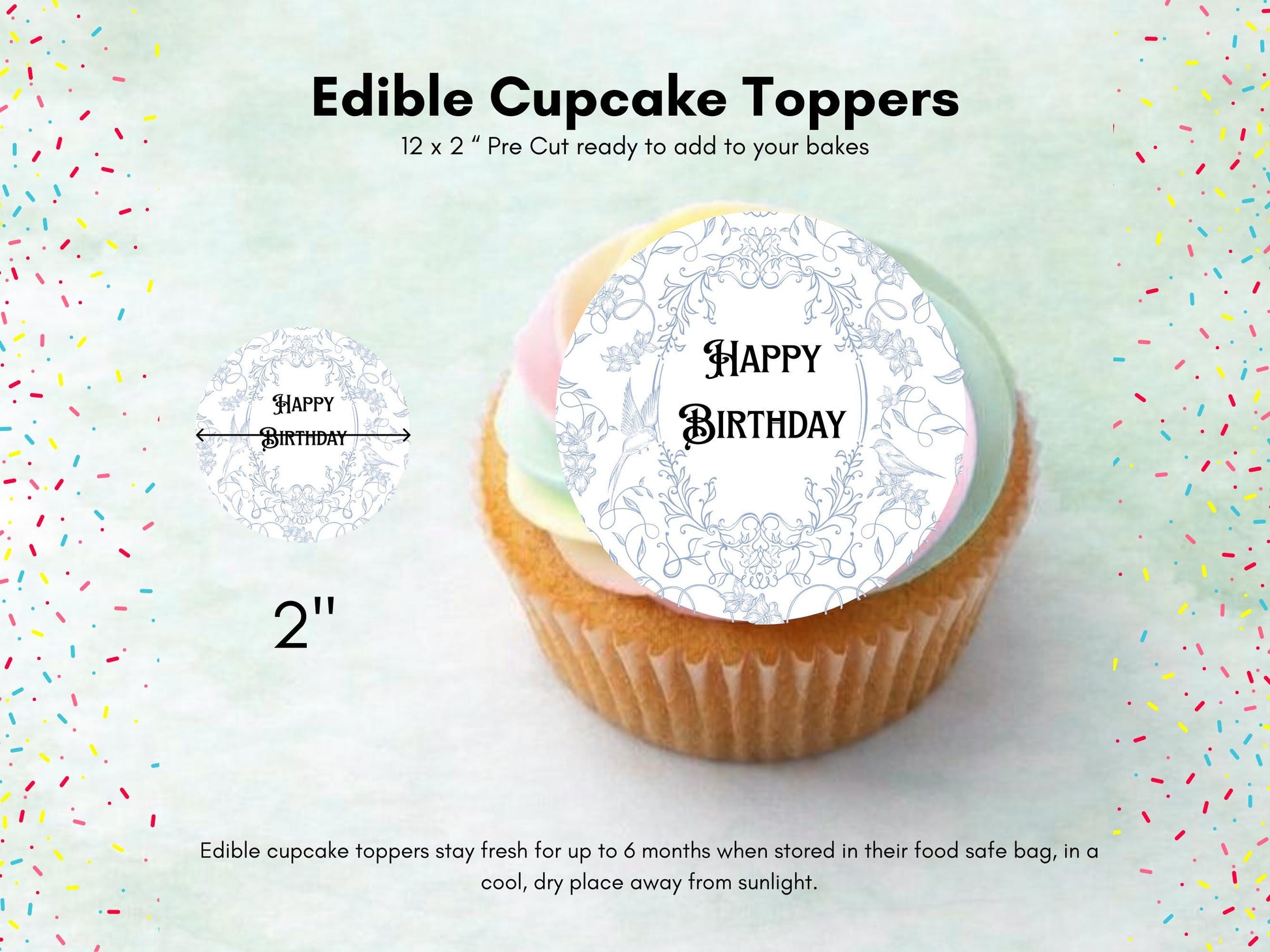 Happy Birthday Edible Cupcake Toppers, Pre-Cut 2" (Wafer Paper, Card, Icing Sheet)