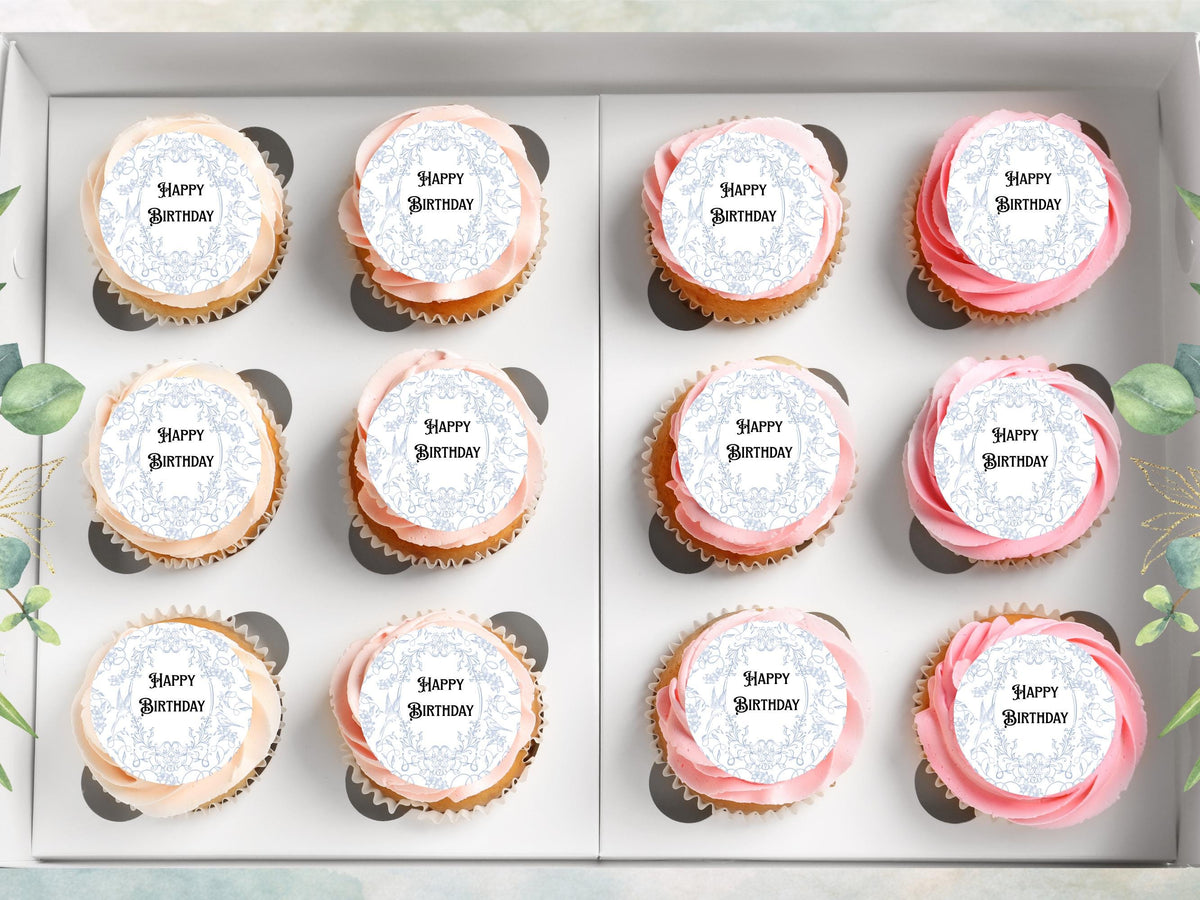 Happy Birthday Edible Cupcake Toppers, Pre-Cut 2" (Wafer Paper, Card, Icing Sheet)