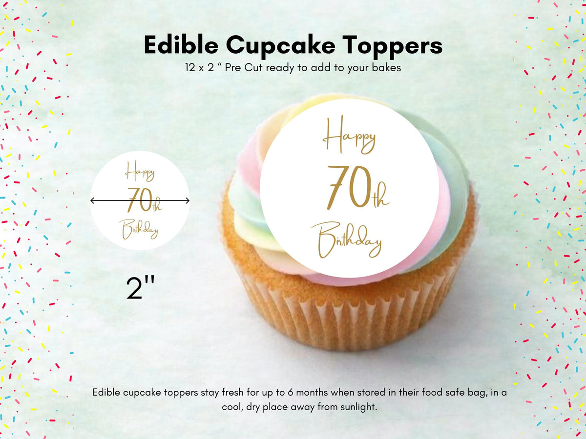 70th Birthday Edible Cupcake Toppers – Precut, 2 inch (Wafer Paper, Card or Icing Sheet)