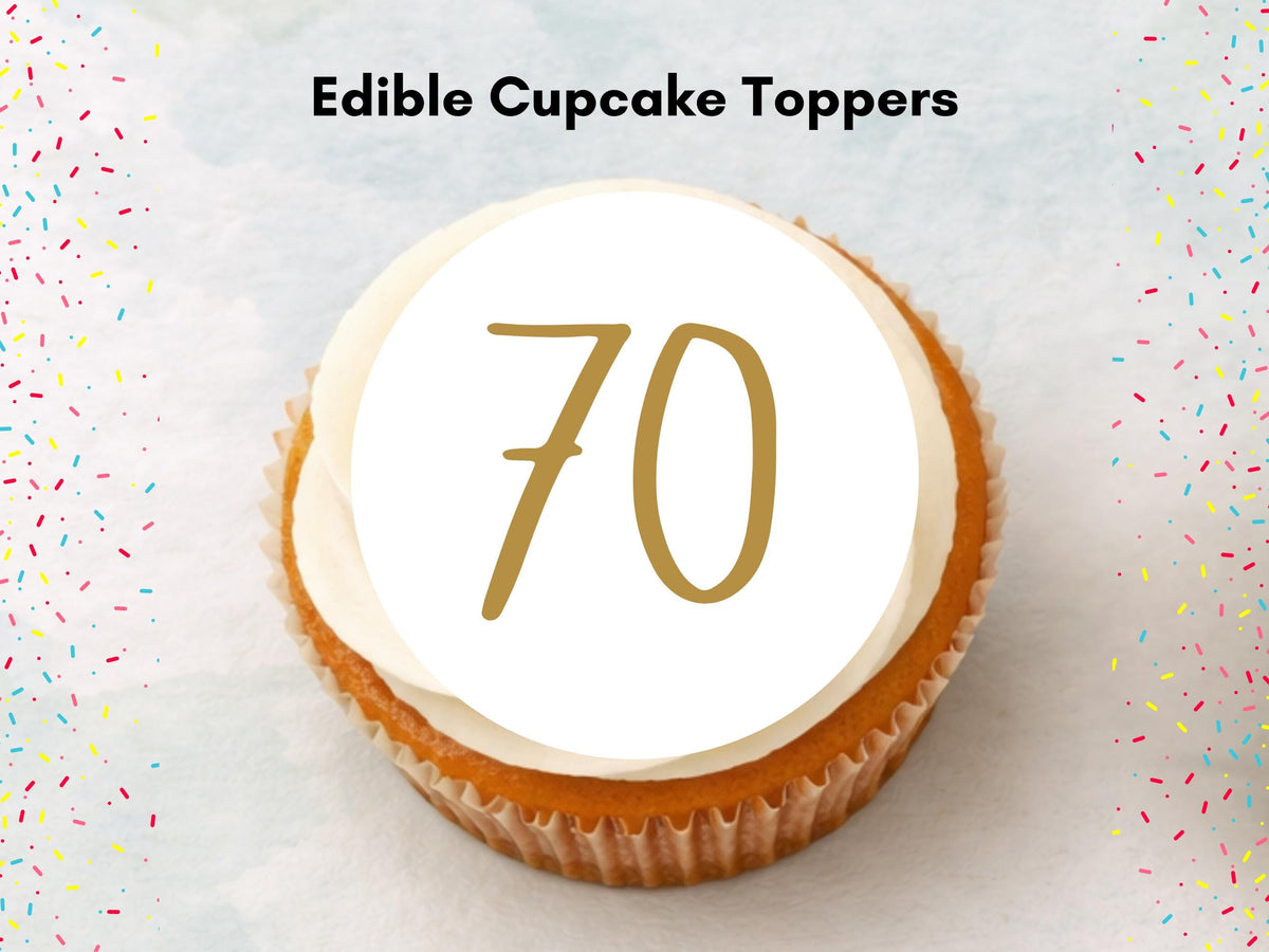 70th Birthday Edible Cupcake Toppers – Precut, 2 inch (Wafer Paper, Card or Icing Sheet)