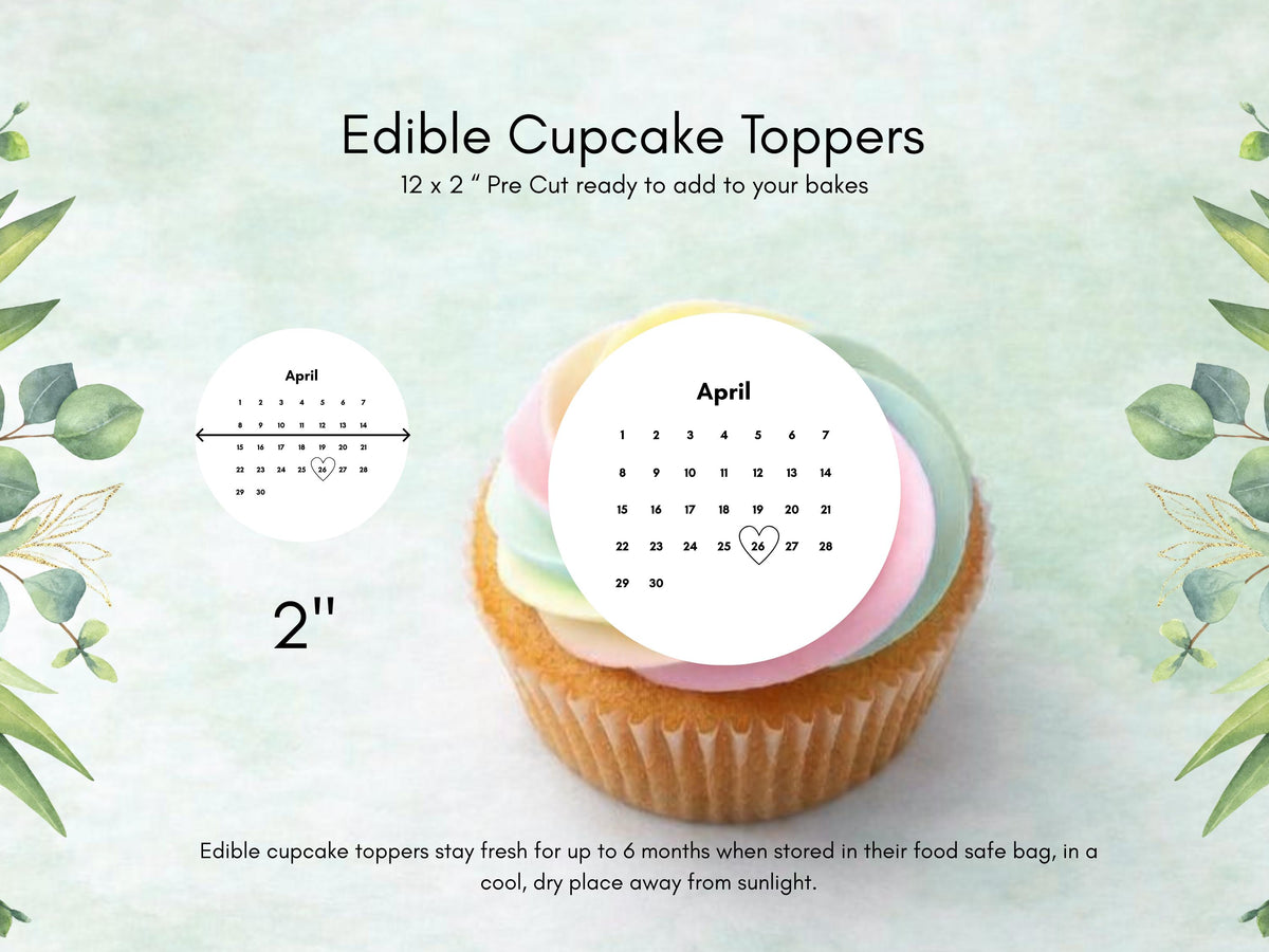 Custom Calendar Edible Cupcake Toppers: Personalized Date, Pre-Cut (Wafer Paper, Card, or Icing Sheet)
