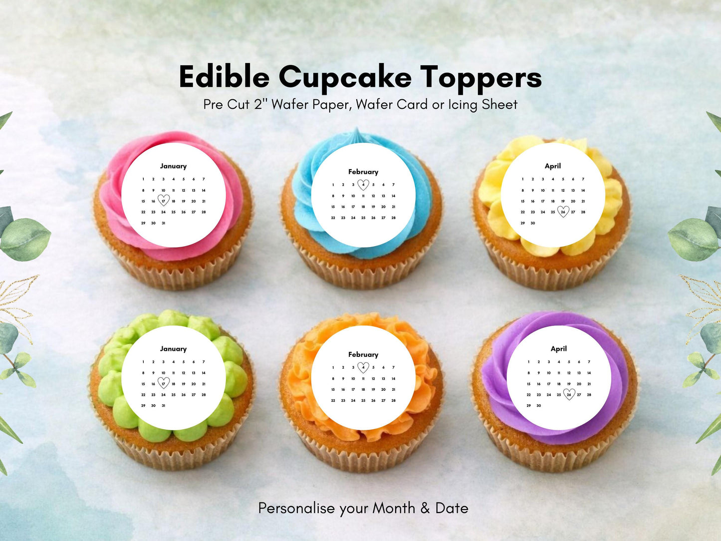 Custom Calendar Edible Cupcake Toppers: Personalized Date, Pre-Cut (Wafer Paper, Card, or Icing Sheet)