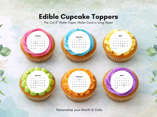 Custom Calendar Edible Cupcake Toppers: Personalized Date, Pre-Cut (Wafer Paper, Card, or Icing Sheet)