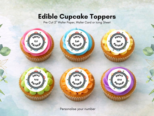 Car Birthday Edible Cupcake Toppers, Personalised Number Cake Decoration