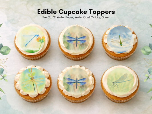 Dragonfly Edible Cupcake Toppers: 12 x 2" Wafer Paper, Card, or Icing Sheet