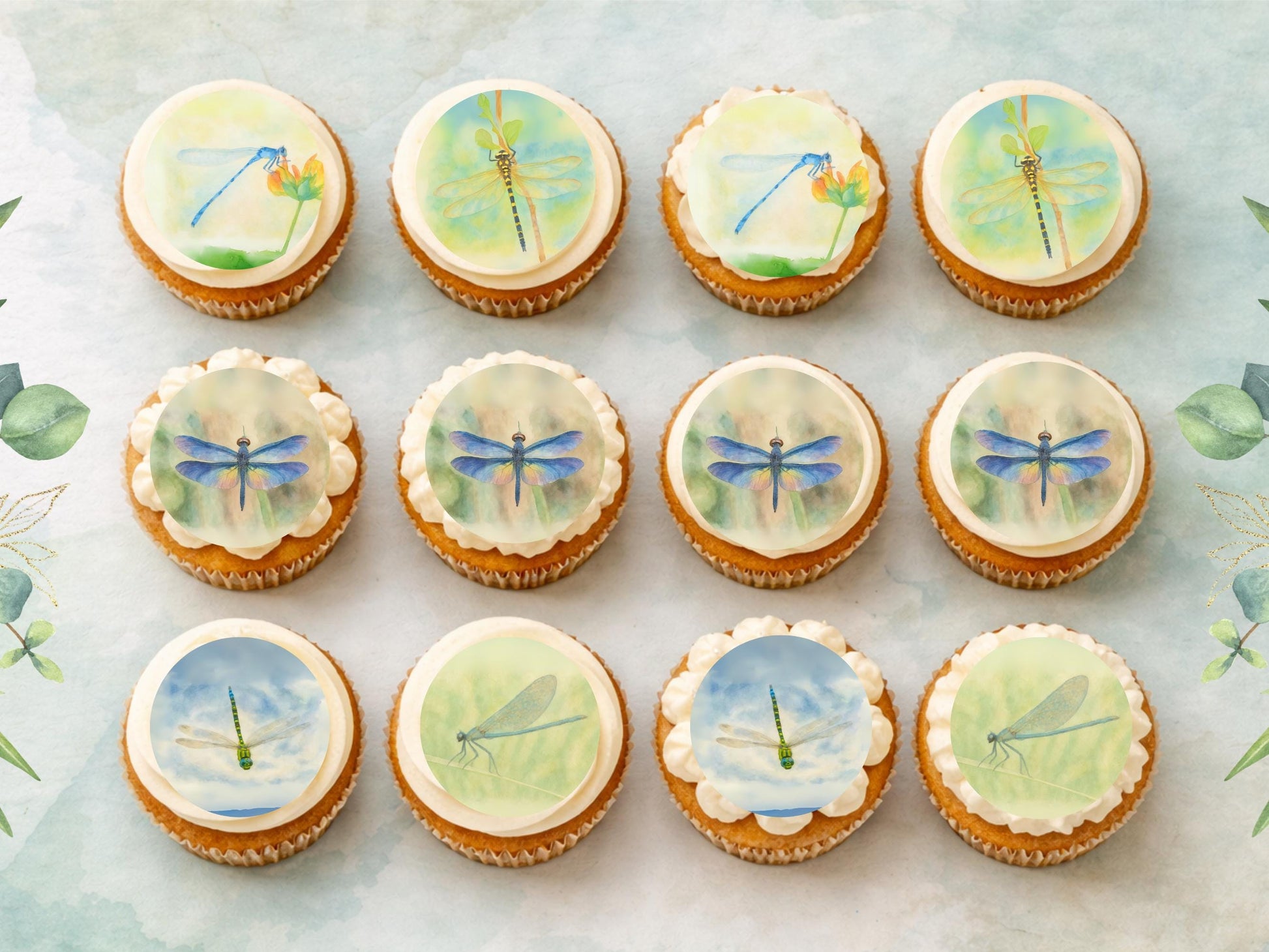 Dragonfly Edible Cupcake Toppers: 12 x 2" Wafer Paper, Card, or Icing Sheet