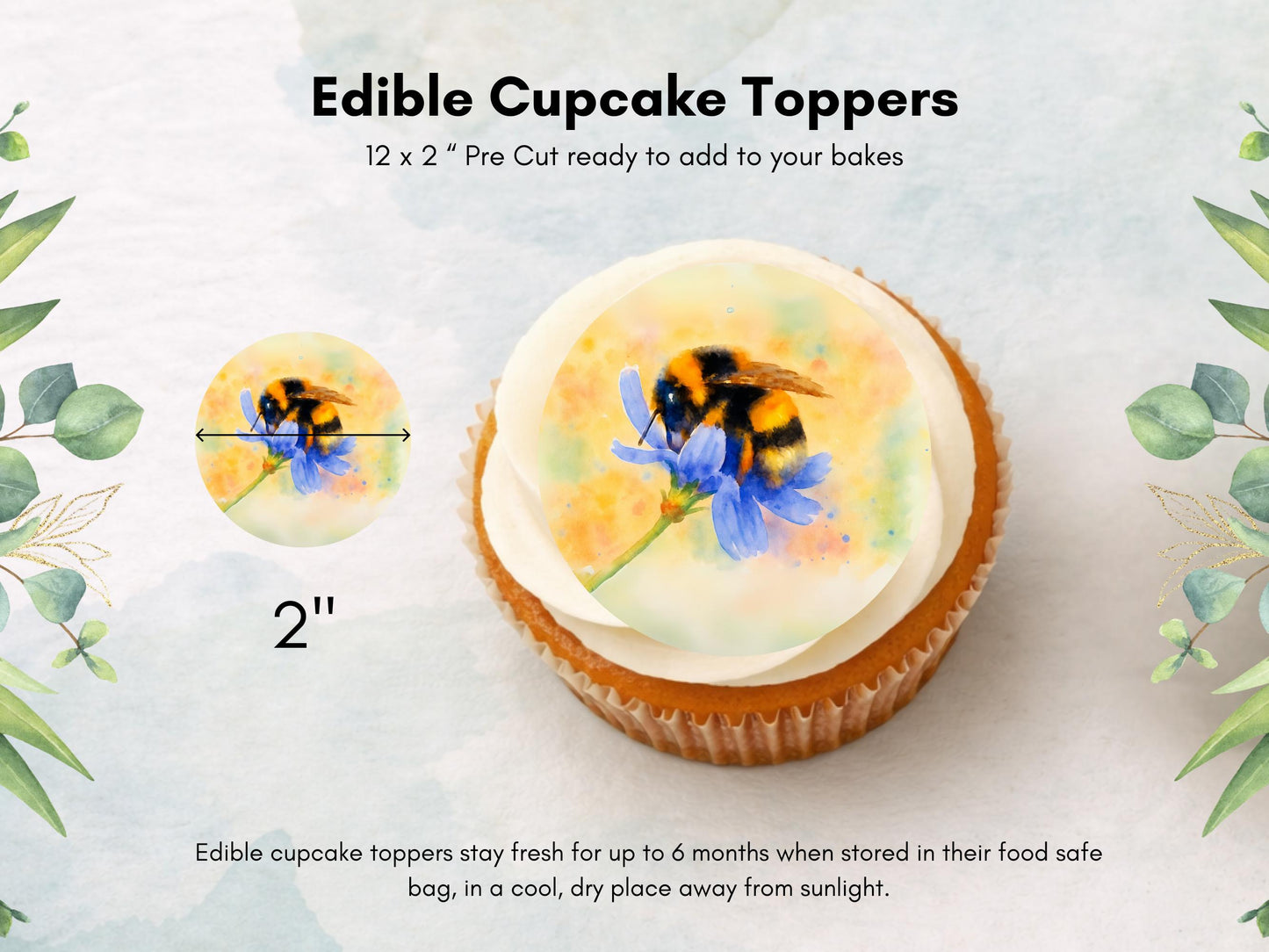 Bumble Bee Edible Cupcake Toppers 12 x 2"– Pre cut Wafer Paper, Card or Icing Sheet, Bumble Bee Birthday Cake Topper