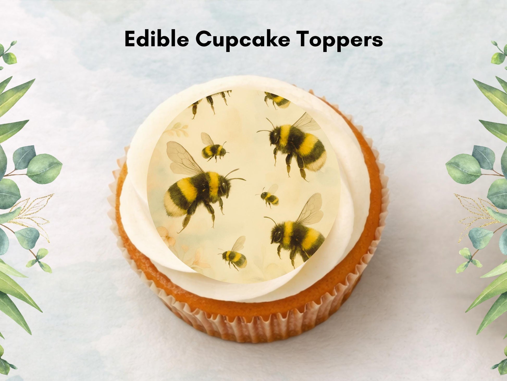 Bumble Bee Edible Cupcake Toppers 12 x 2"– Pre cut Wafer Paper, Card or Icing Sheet, Bumble Bee Birthday Cake Topper