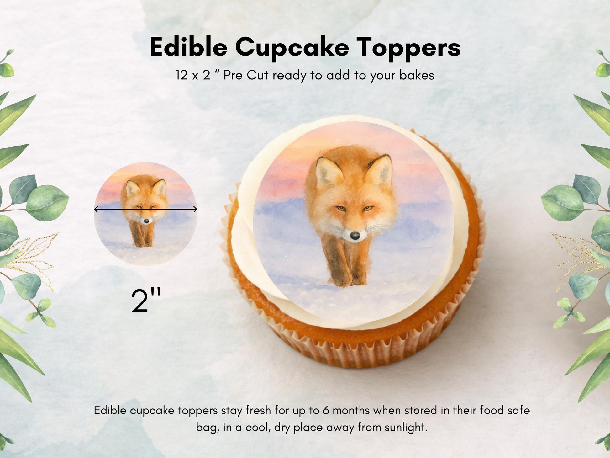 Fox Edible Cupcake Toppers 12 x 2"– Pre cut Wafer Paper, Card or Icing Sheet, Fox Birthday Cake Topper, Wild life Cake Decoration