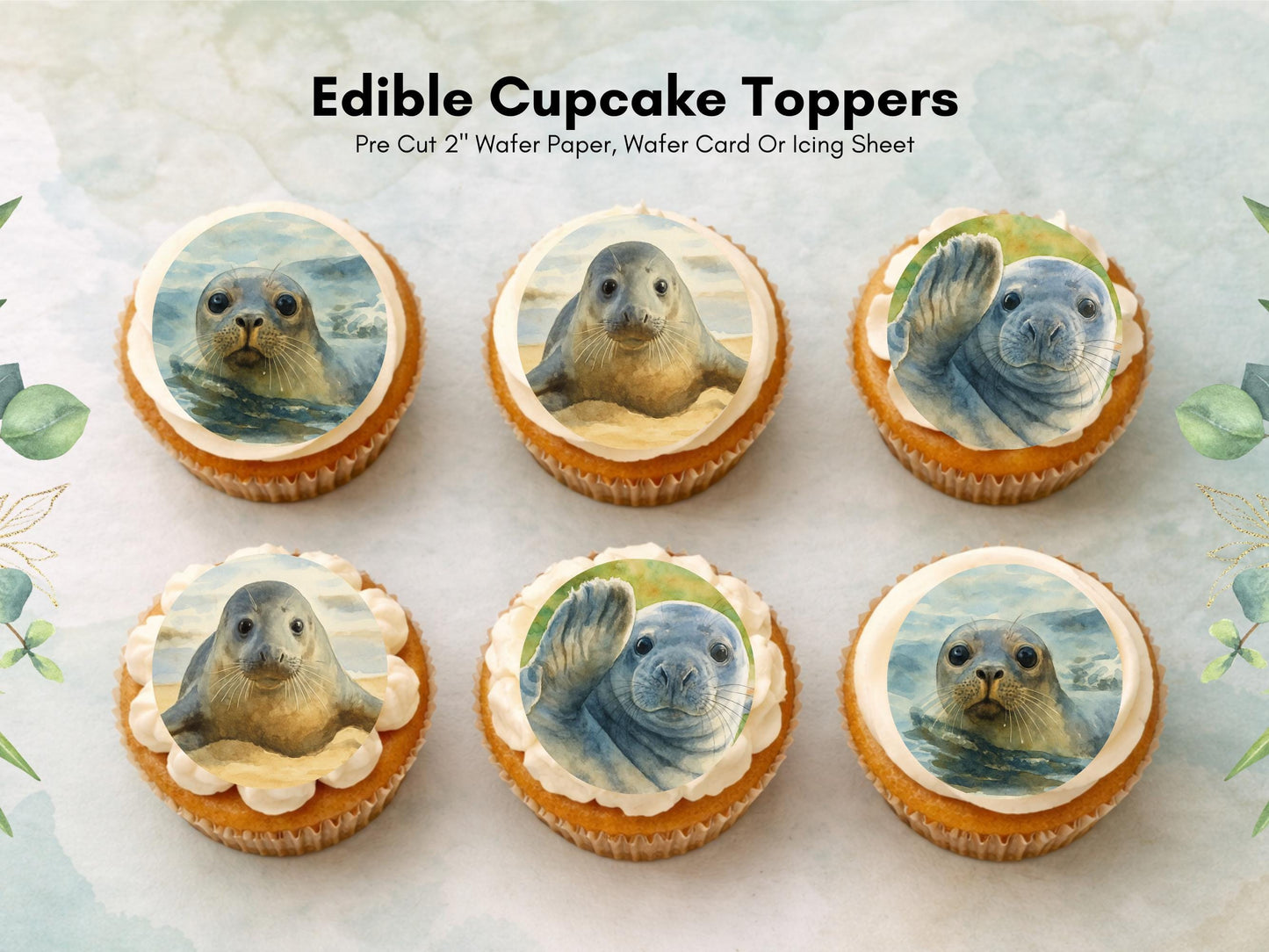 Seal Edible Cupcake Toppers – 2" Wafer Paper, Card or Icing (12 ct)