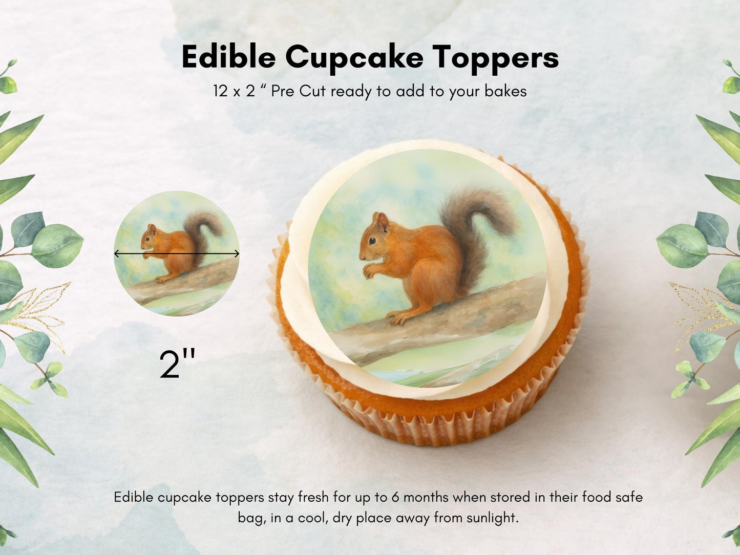 Squirrel Edible Cupcake Toppers 12 x 2" Precut Wafer Paper, Card or Icing Sheet