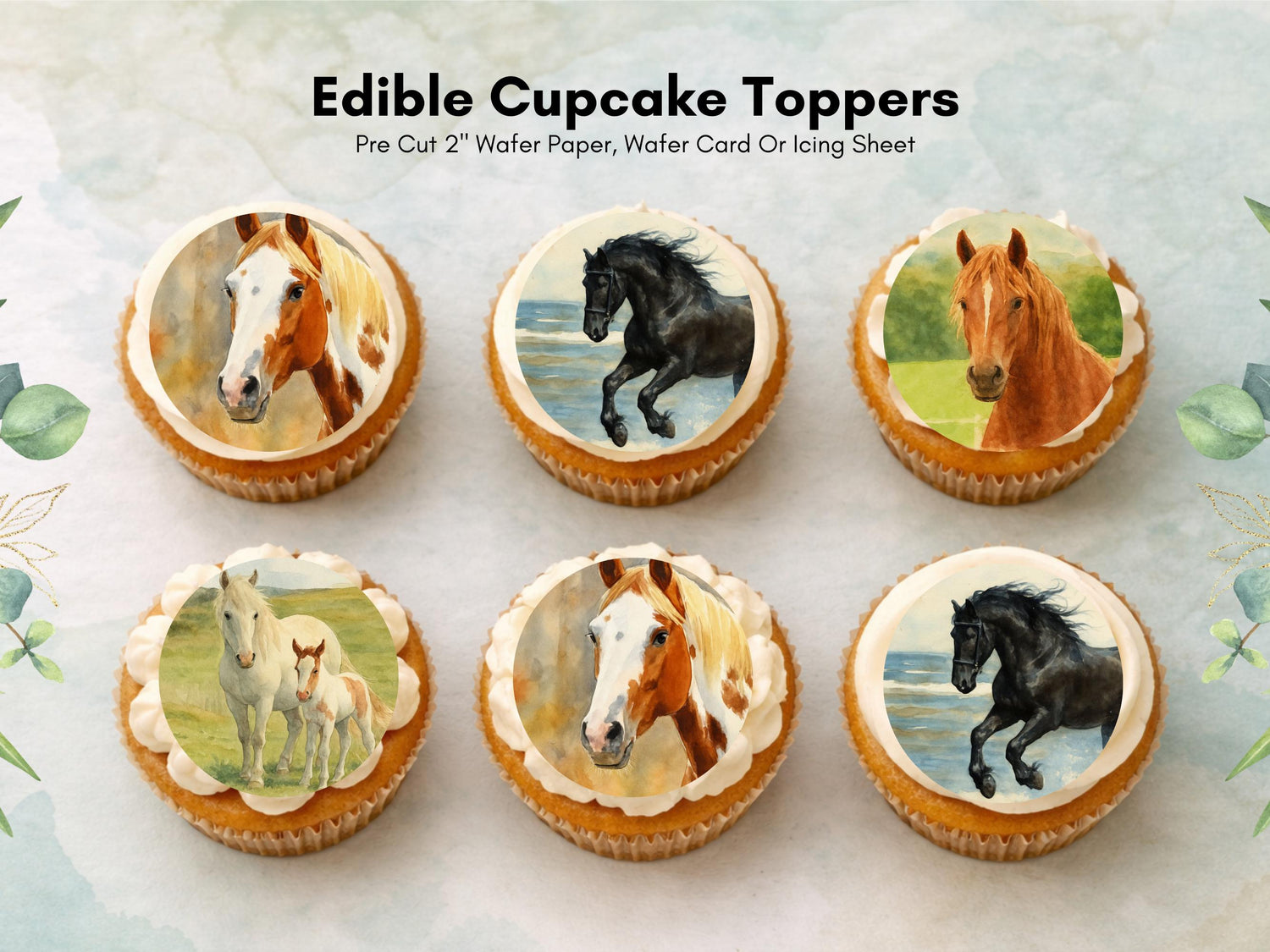 Horse Edible Cupcake Toppers – 12 x 2" Pony Birthday Cake Decorations