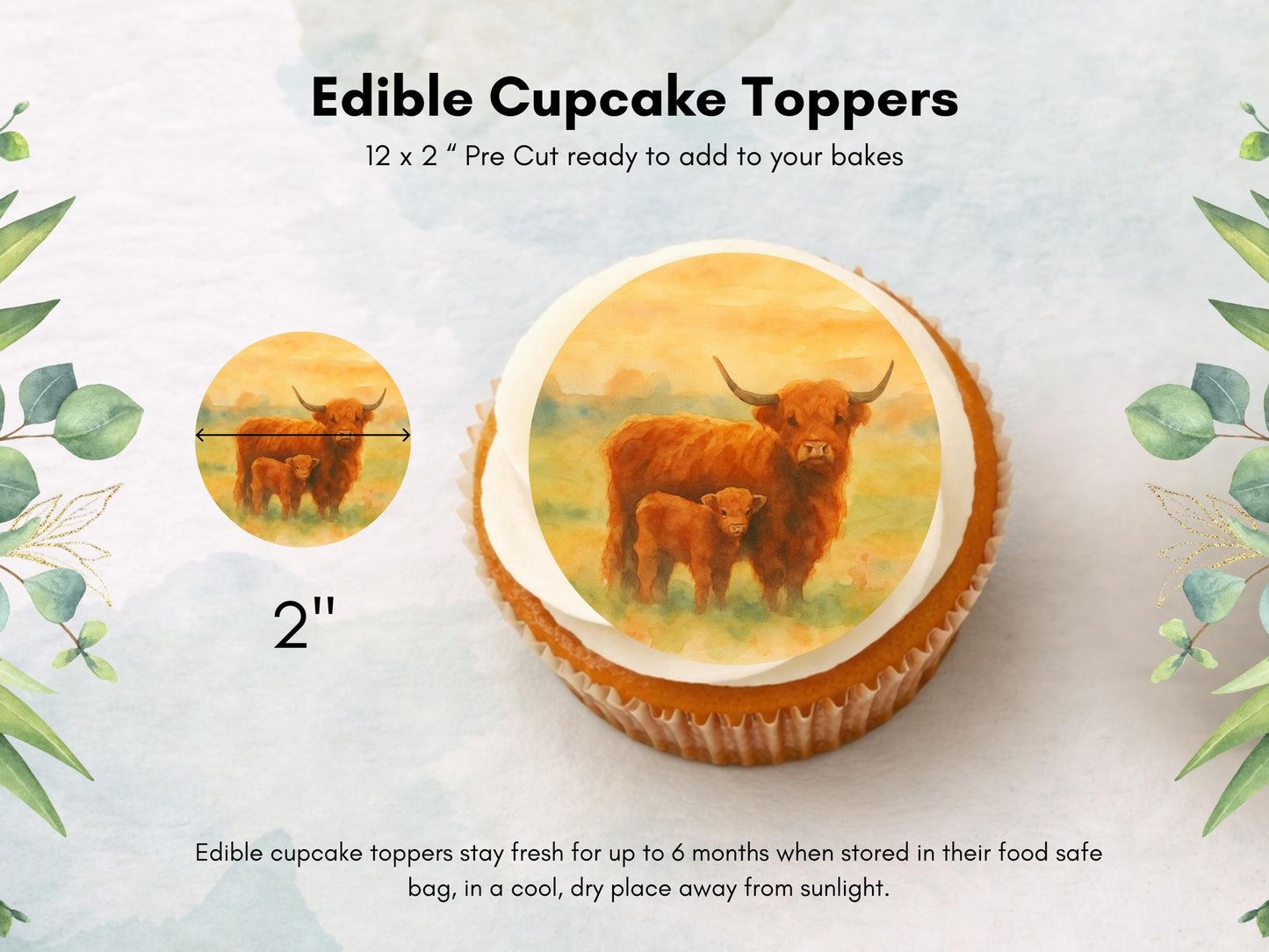 Highland Cow Edible Cupcake Toppers: 12 x 2" Birthday Cake Topper