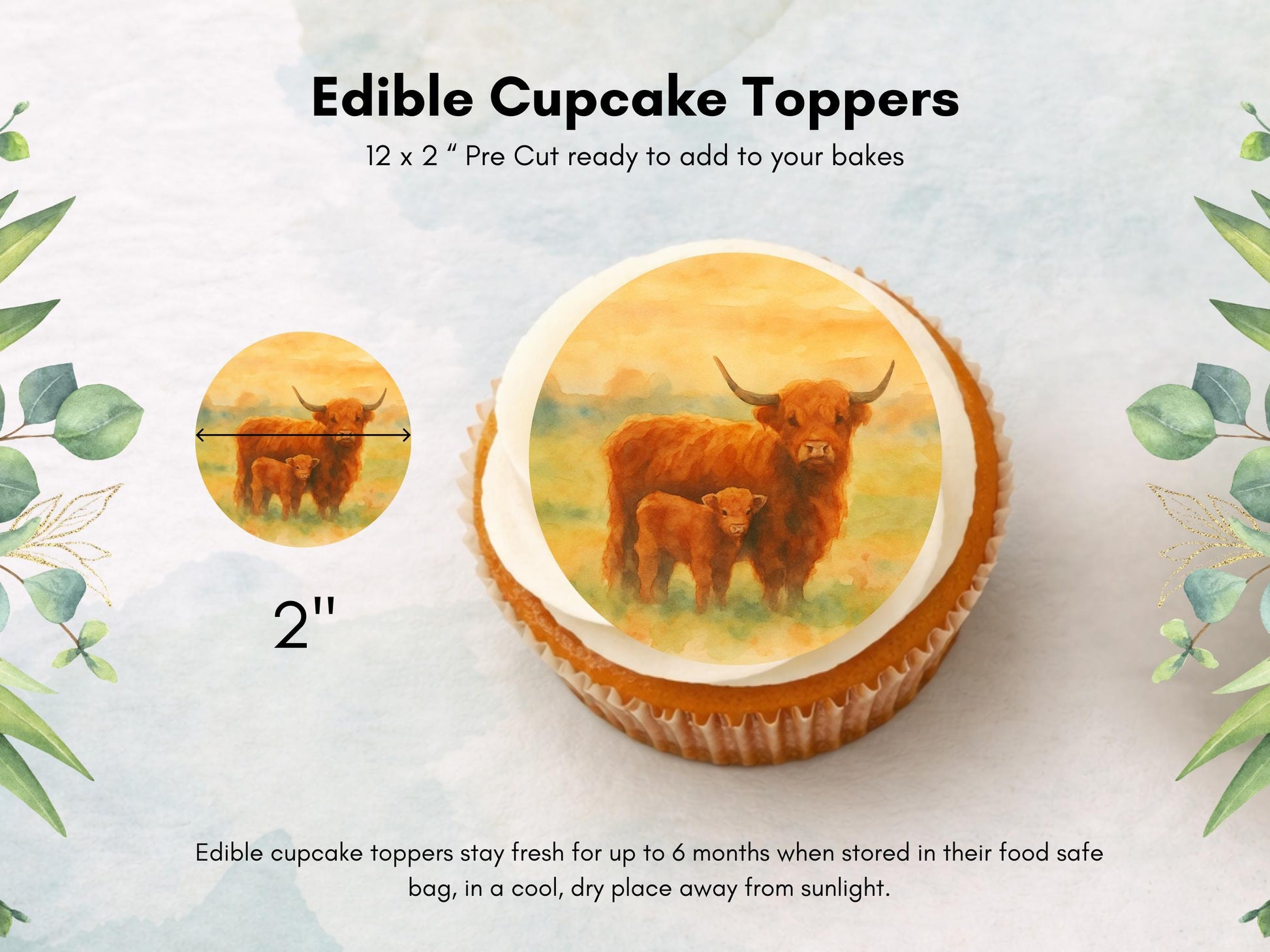 Highland Cow Edible Cupcake Toppers: 12 x 2" Birthday Cake Topper