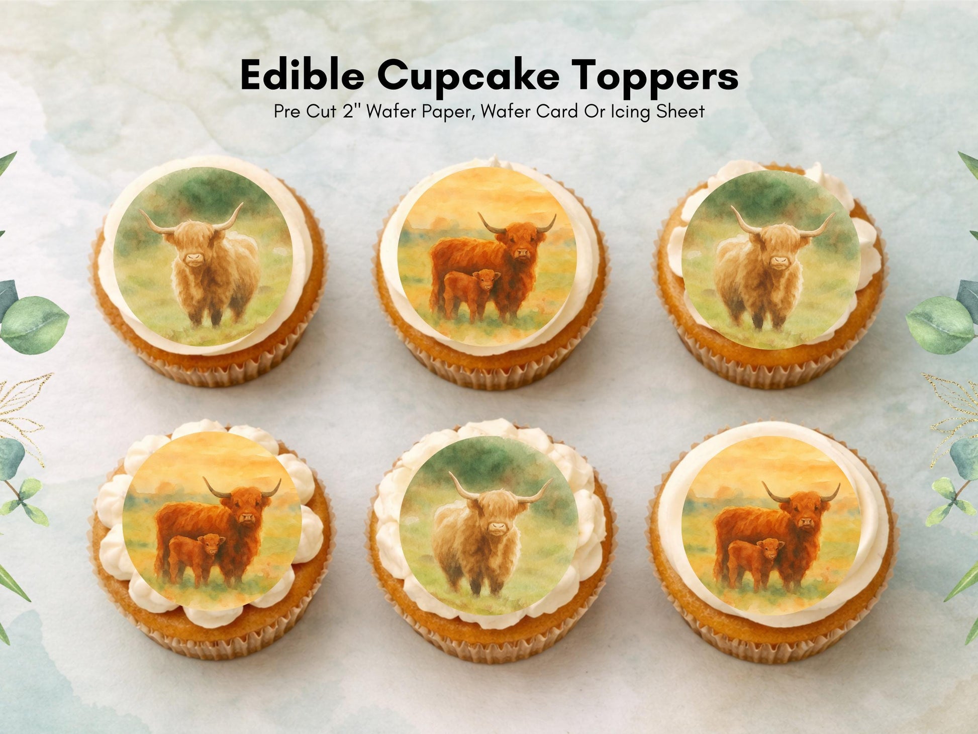 Highland Cow Edible Cupcake Toppers: 12 x 2" Birthday Cake Topper
