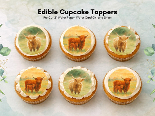 Highland Cow Edible Cupcake Toppers: 12 x 2" Birthday Cake Topper