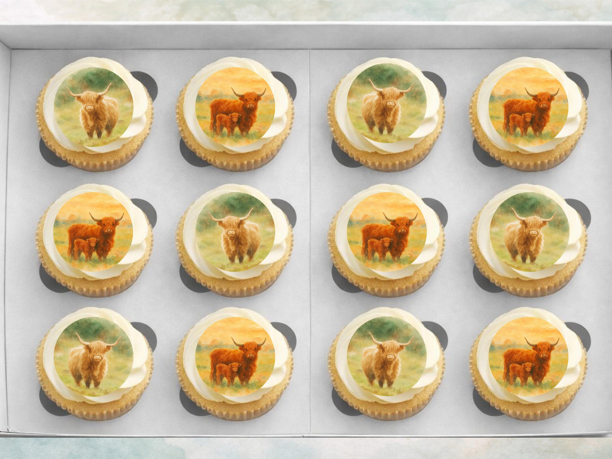 Highland Cow Edible Cupcake Toppers: 12 x 2" Birthday Cake Topper