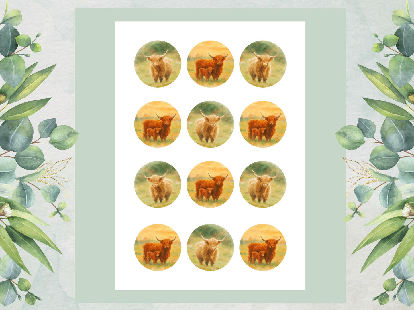 Highland Cow Edible Cupcake Toppers: 12 x 2" Birthday Cake Topper