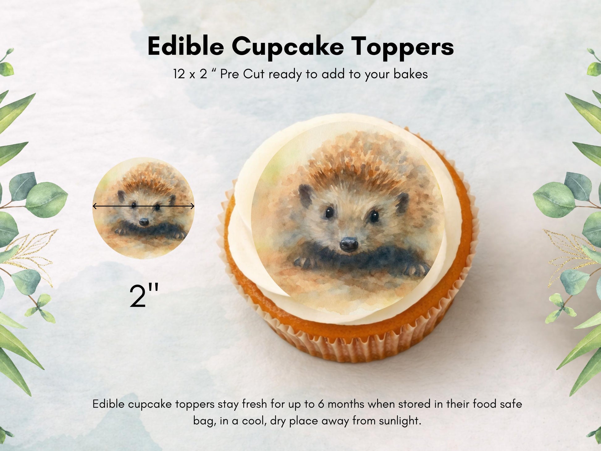 Hedgehog Edible Cupcake Toppers 12 x 2" Forest Animal Cake Decoration