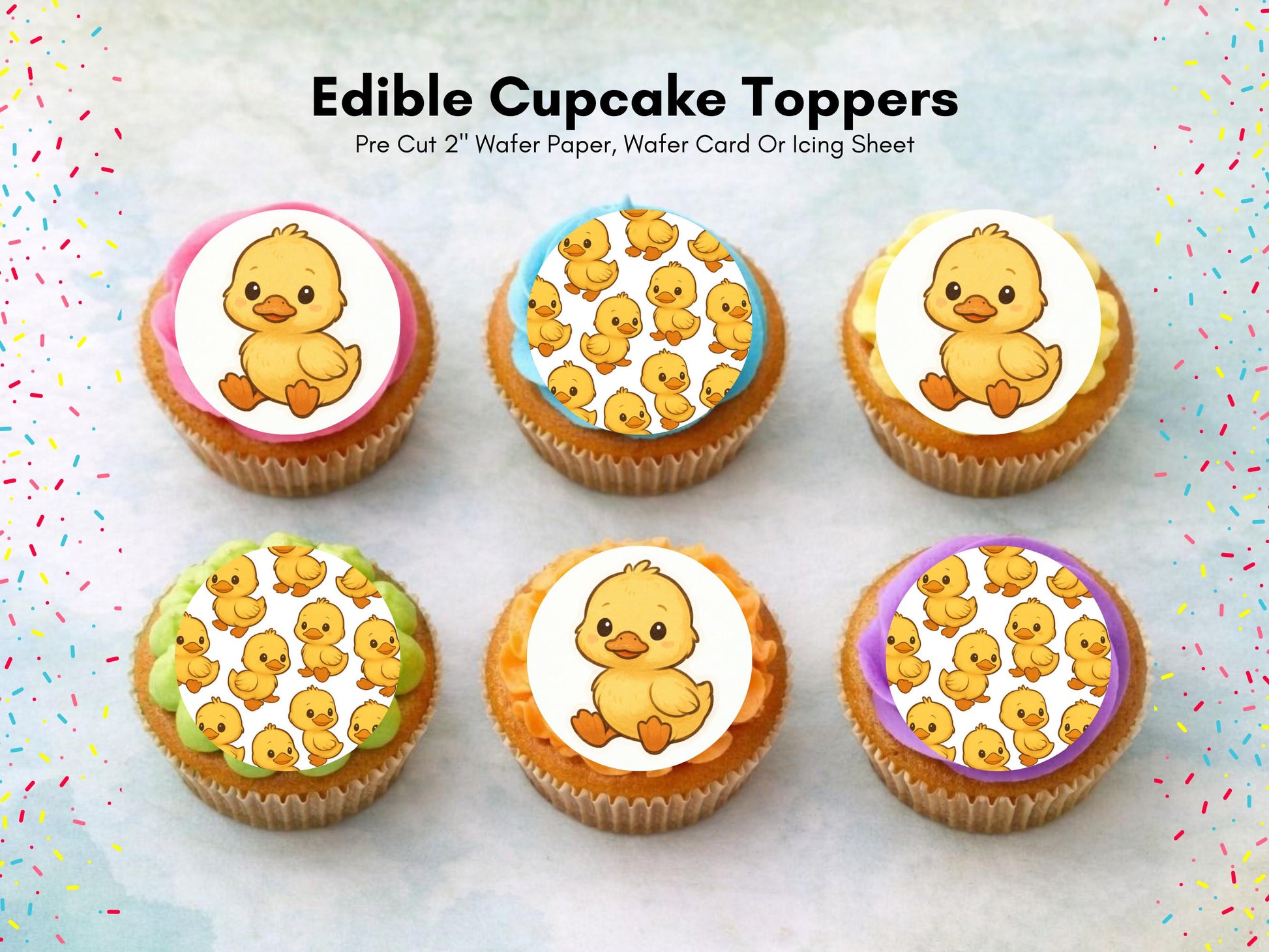Duckling Edible Cupcake Toppers 12 x 2" Precut Wafer Paper, Card or Icing Sheet