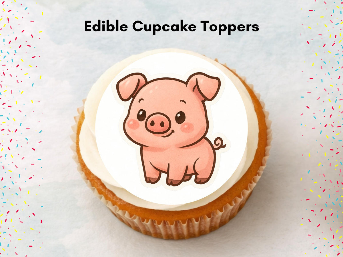 Pig Edible Cupcake Toppers 12 x 2" Precut Wafer Paper, Card or Icing Sheet