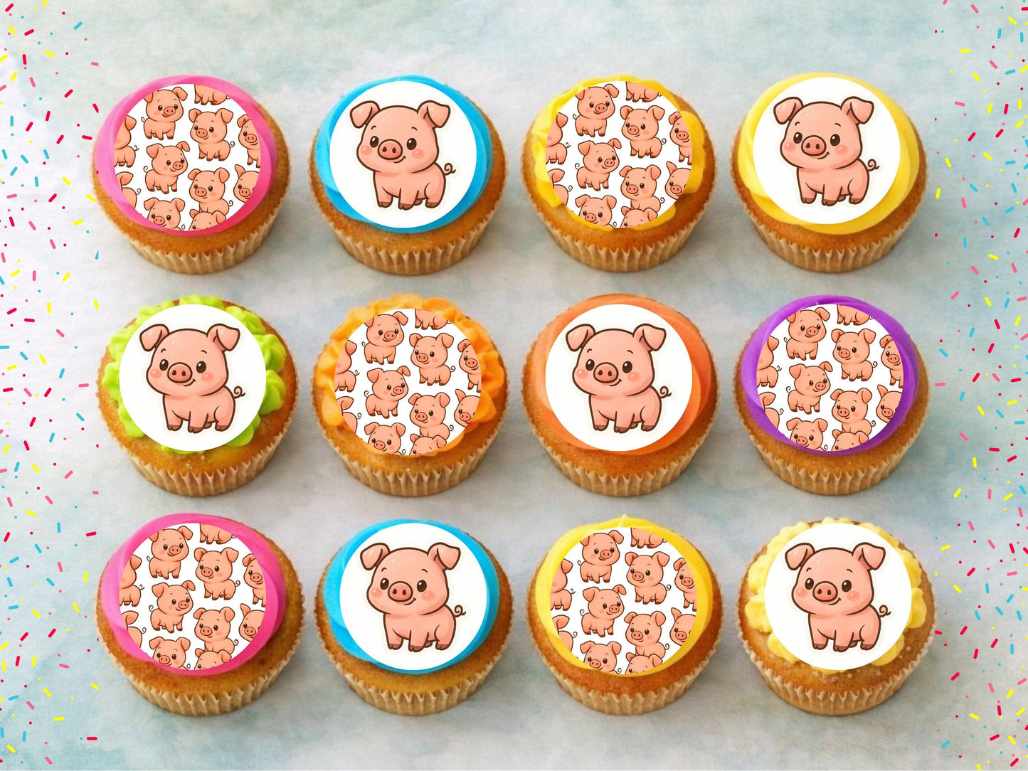 Pig Edible Cupcake Toppers 12 x 2" Precut Wafer Paper, Card or Icing Sheet