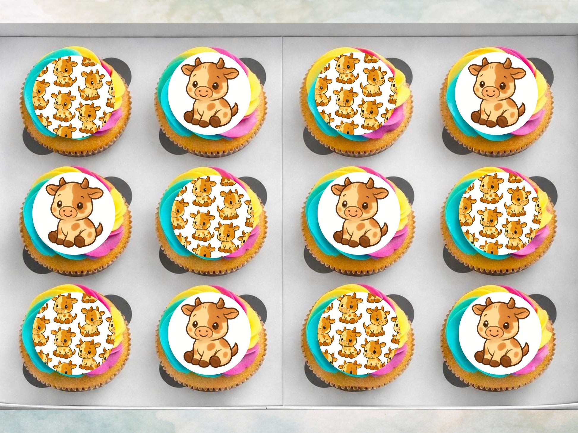 Cute Cow Edible Cupcake Toppers 12 x 2"– Pre cut Wafer Paper, Card or Icing Sheet, Cow Birthday Cake Topper, Kids Birthday Cake