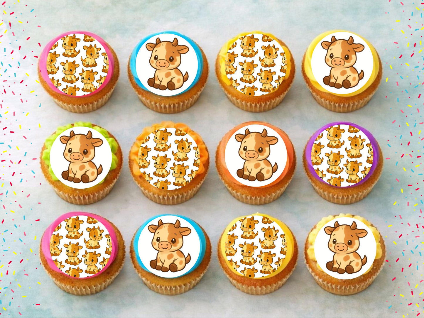 Cute Cow Edible Cupcake Toppers 12 x 2"– Pre cut Wafer Paper, Card or Icing Sheet, Cow Birthday Cake Topper, Kids Birthday Cake