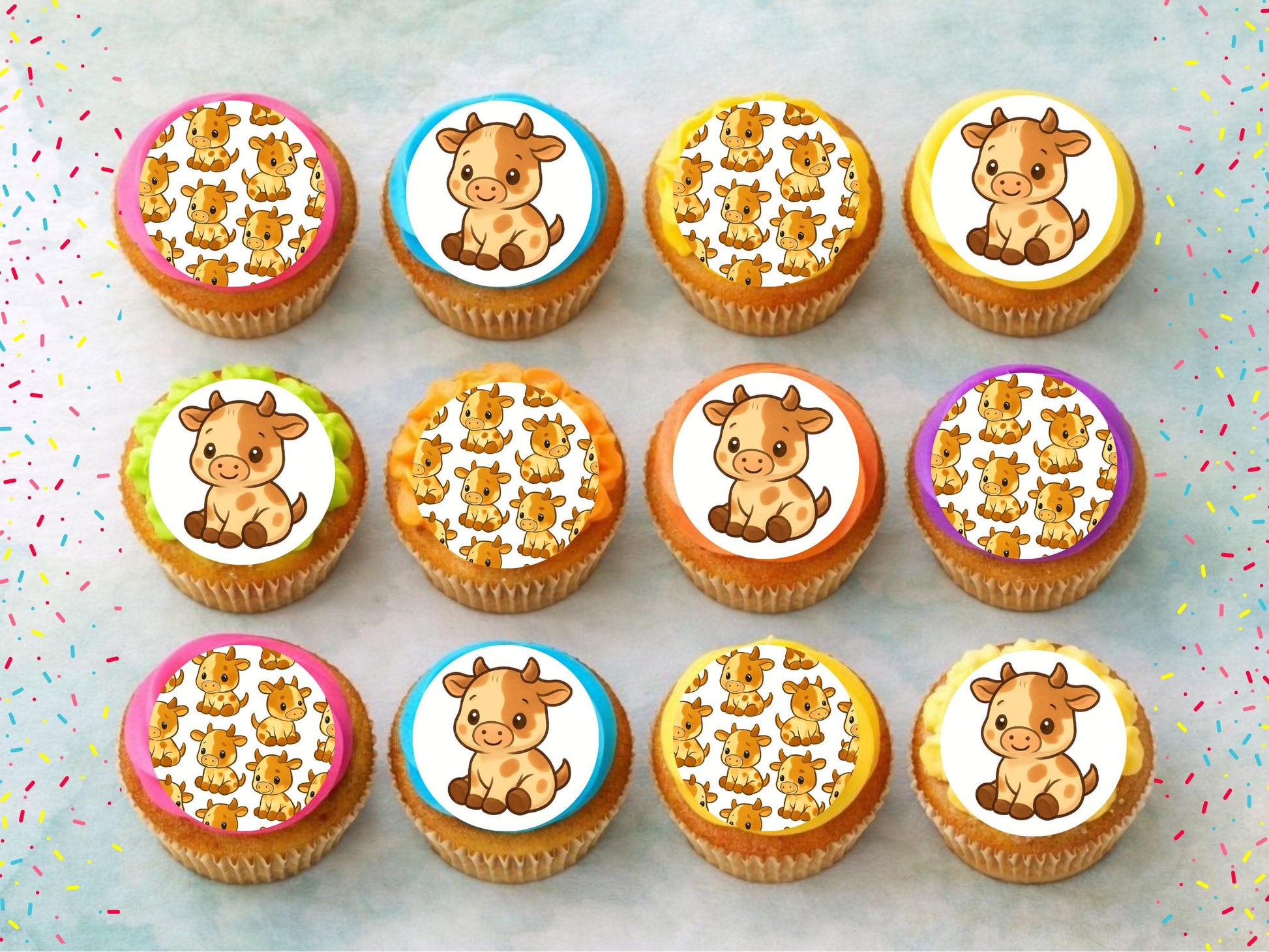 Cute Cow Edible Cupcake Toppers 12 x 2"– Pre cut Wafer Paper, Card or Icing Sheet, Cow Birthday Cake Topper, Kids Birthday Cake